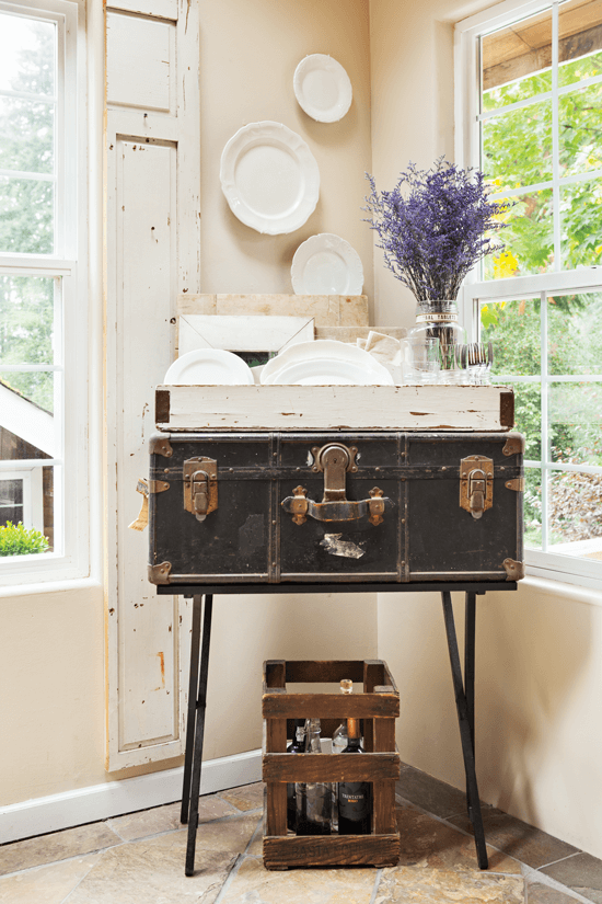 Here, an old suitcase serves as a display unit.