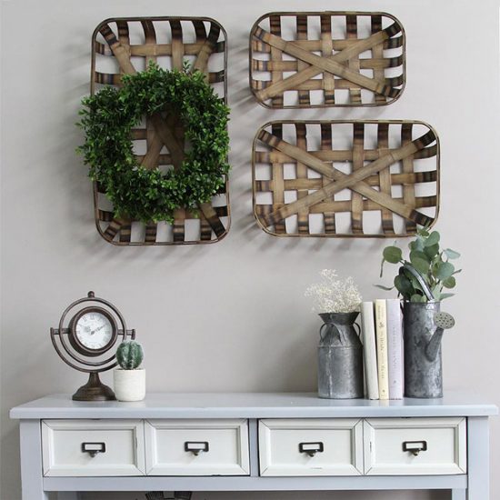 Cluster of tobacco baskets used as wall accent pieces.