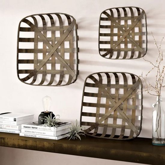 Cluster of tobacco baskets used as wall accent pieces.