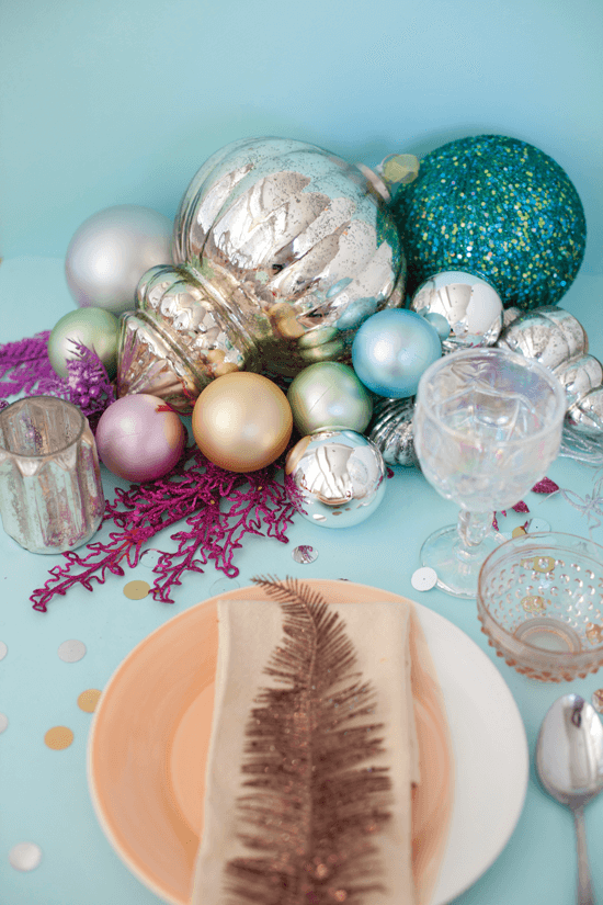 Oversized glittery ornaments make for the perfect pieces of sparkling Christmas décor centerpieces.