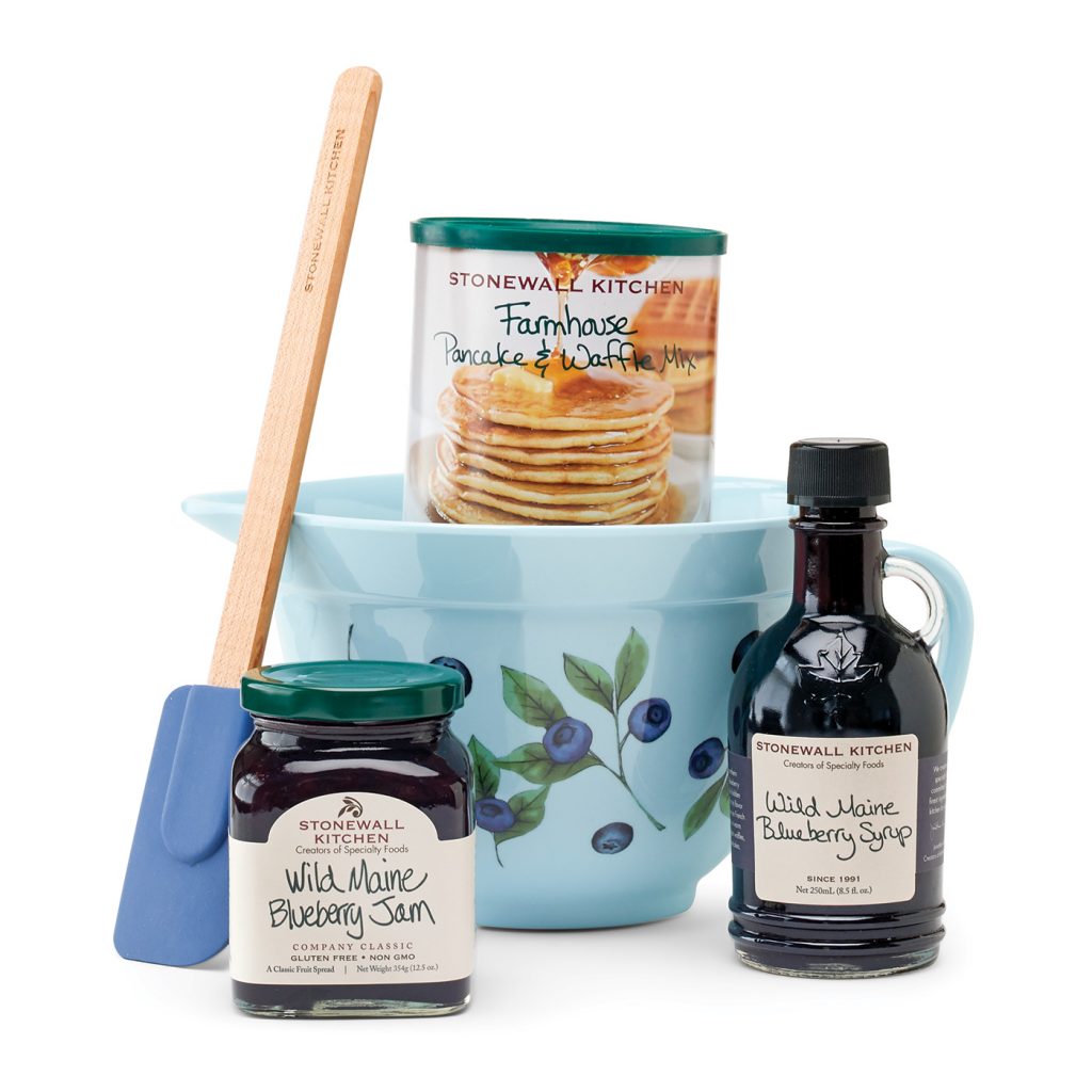 Blueberry pancake set with batter, jam, syrup and mixing bowl. // Cottages & Bungalows