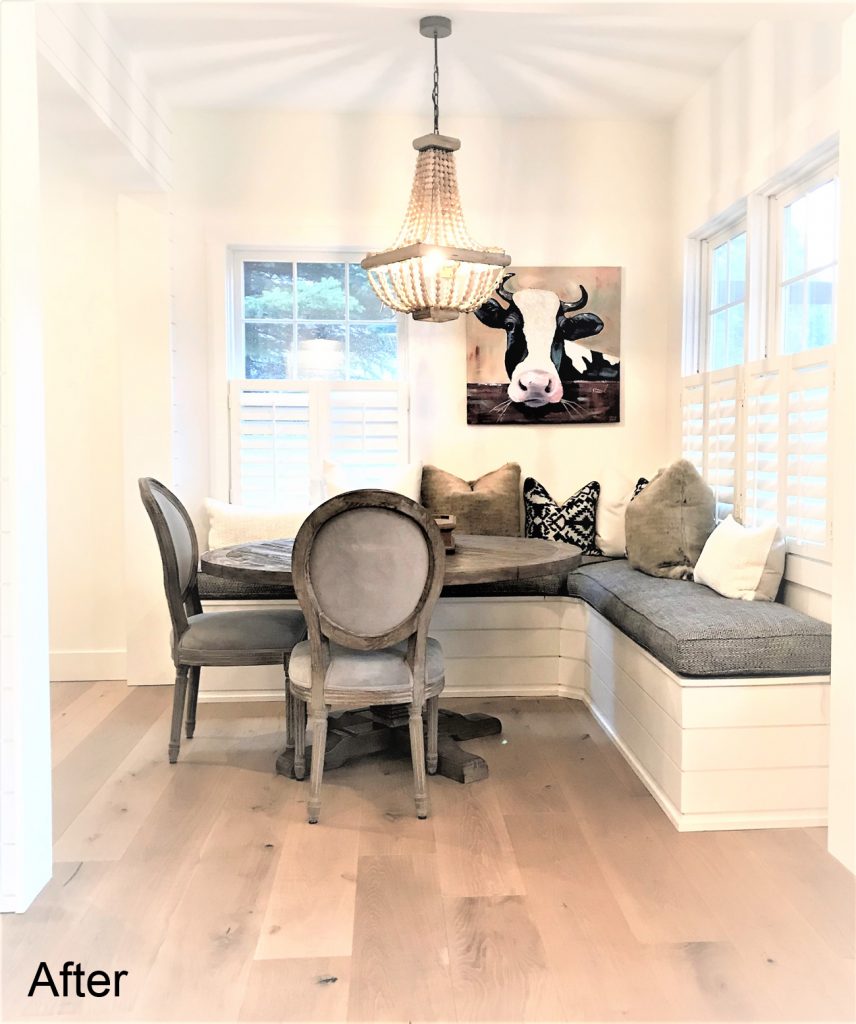 Victory Farms dining area with built-in banquette seating after the remodel.