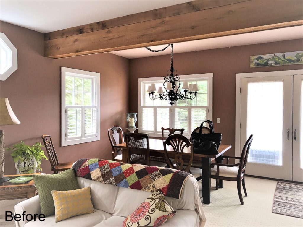 Victory Farms living room and dining space before the remodel.