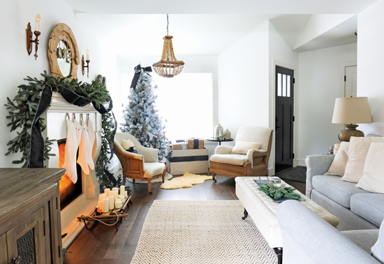 Living room with fireplace and French Christmas décor. // Cottages & Bungalows