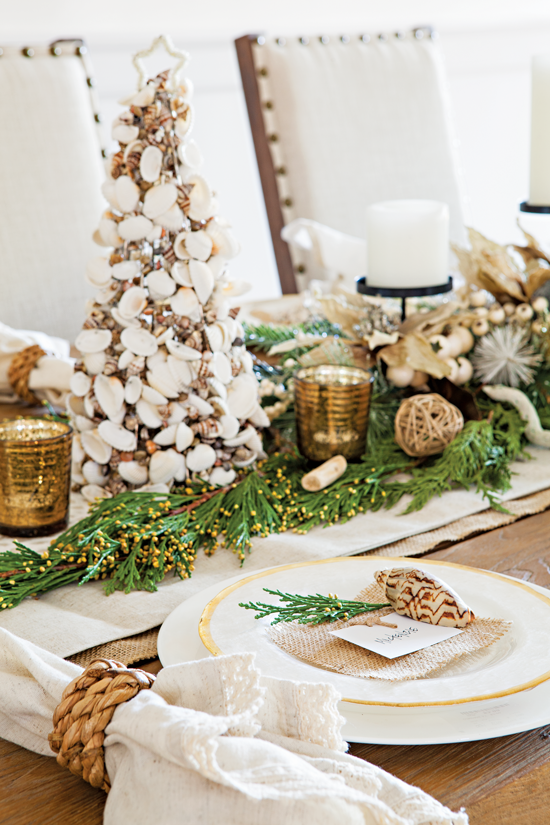 Up-close of modern beach cottage Christmas table-setting.