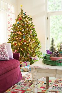 christmas tree in a colorful cottage