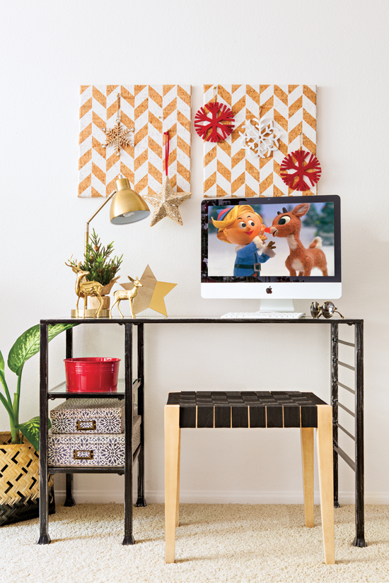 Simple home workspace decorated with holiday cheer.