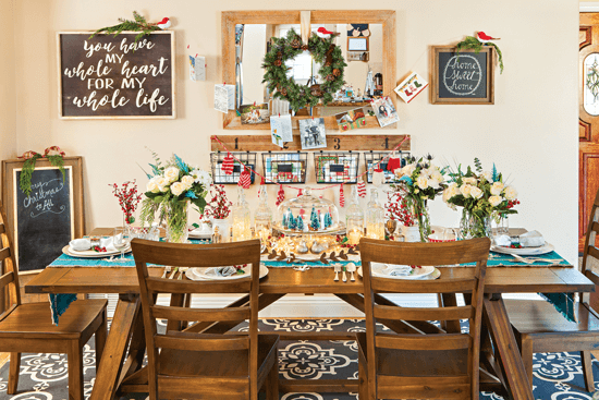 Dining room table setting created using bright colors and traditional motifs to give the space a classic and nostalgic, yet fresh and vibrant look.