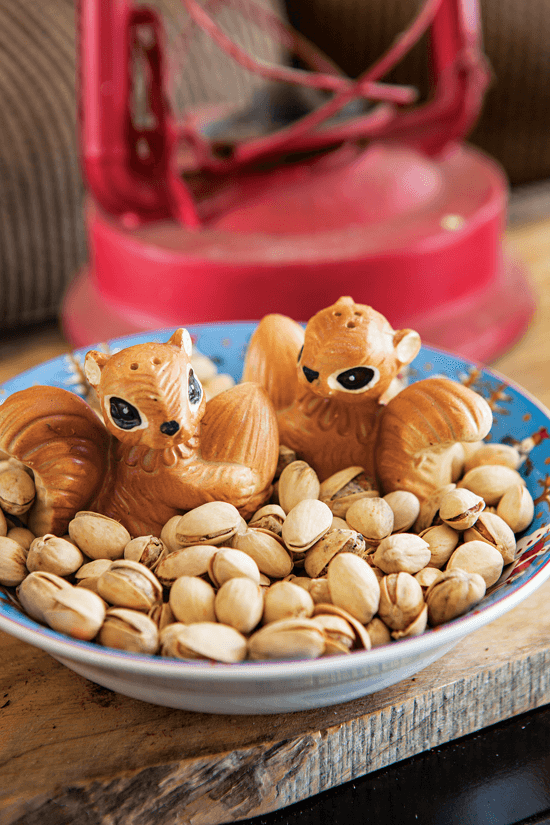 Vintage squirrel salt and pepper shakers seem right at home nestled into a snack bowl full of nuts.