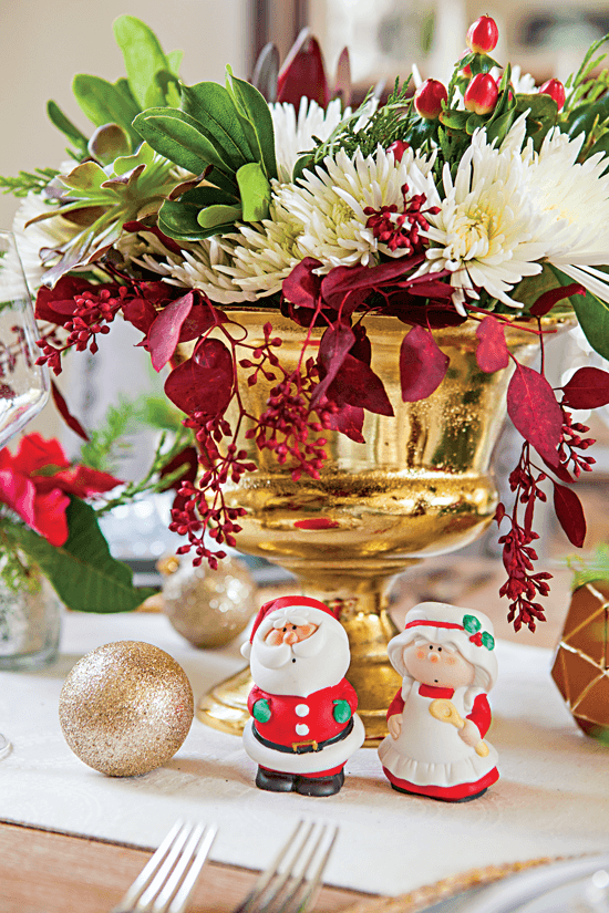 Vintage Santa and Mrs. Claus salt & pepper shakers are used on the dining table, which keeps family tradition alive.