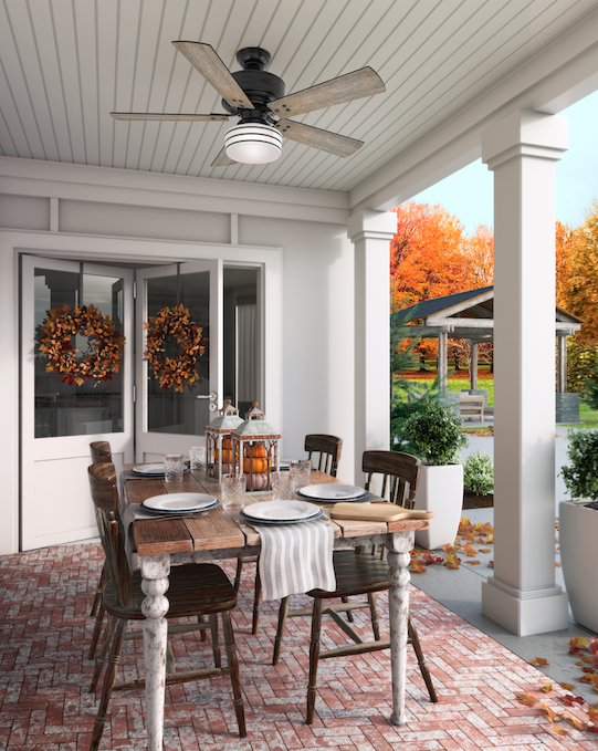 Setting the table in an outdoor space such as a porch or sunroom allows everyone to enjoy conversation, crisp air and fall foliage, so consider having your meal outside this year instead of in the dining room. Finish the space off with the Cedar Key ceiling fan from Hunter Fan, shown here.