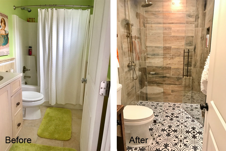 Victory Farms downstairs bathroom before and after.