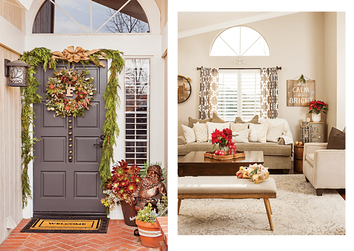 A succulent wreath on the front door serves as a nod to the California Valley climate, and a neutral living room is brightened with bright poinsettias. // Cottages & Bungalows