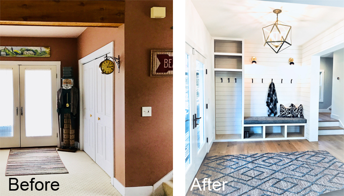 Before and after shots of the entryway and mudroom in the Victory Farms home.