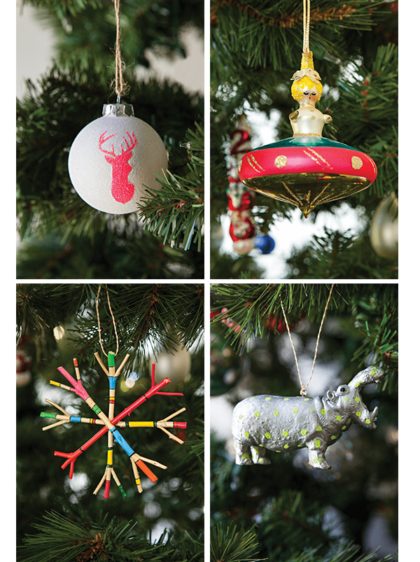 An array of vintage Christmas ornaments adds personality to any holiday décor.