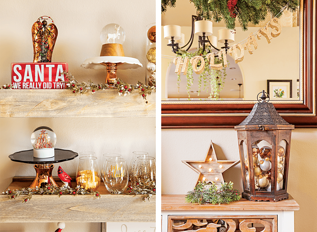 Array of up-close shots featuring Christmas décor that can be displayed on shelves throughout your home—ornament clusters and garland create a clean and simple look. // Cottages & Bungalows