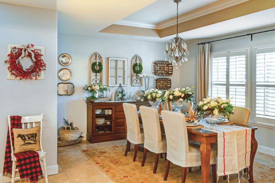 open plan dining room with christmas decor