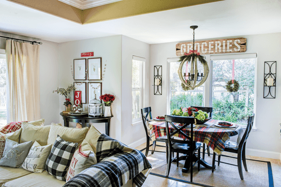 open plan living room with christmas decor