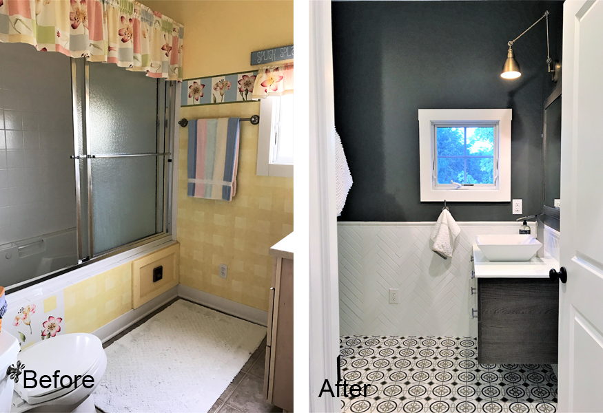 Victory Farms upstairs bathroom before and after.