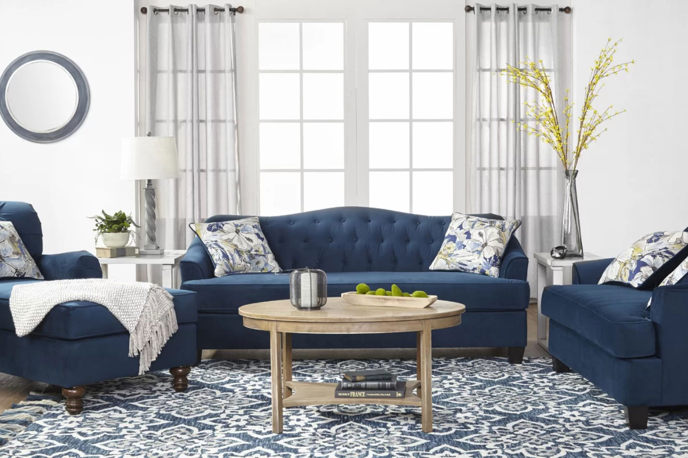 Black Friday deals: Navy living room set with couches and lounge chair.