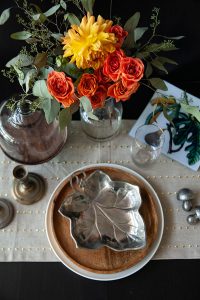 thanksgiving centerpiece with vintage silver and wood