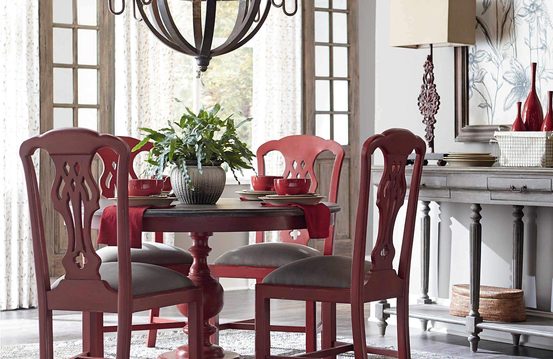 red dining set and wood pendant