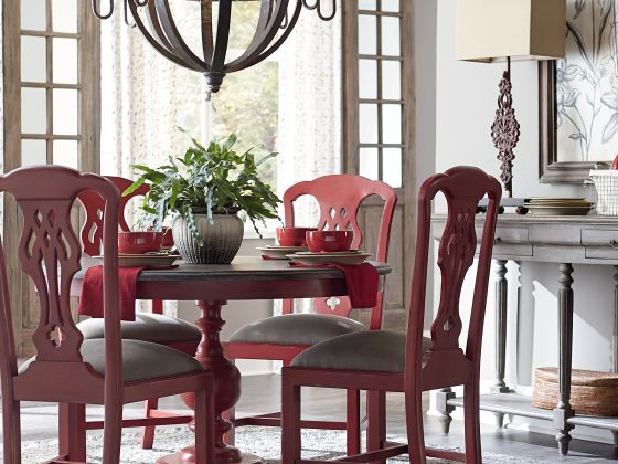 red dining set and wood pendant