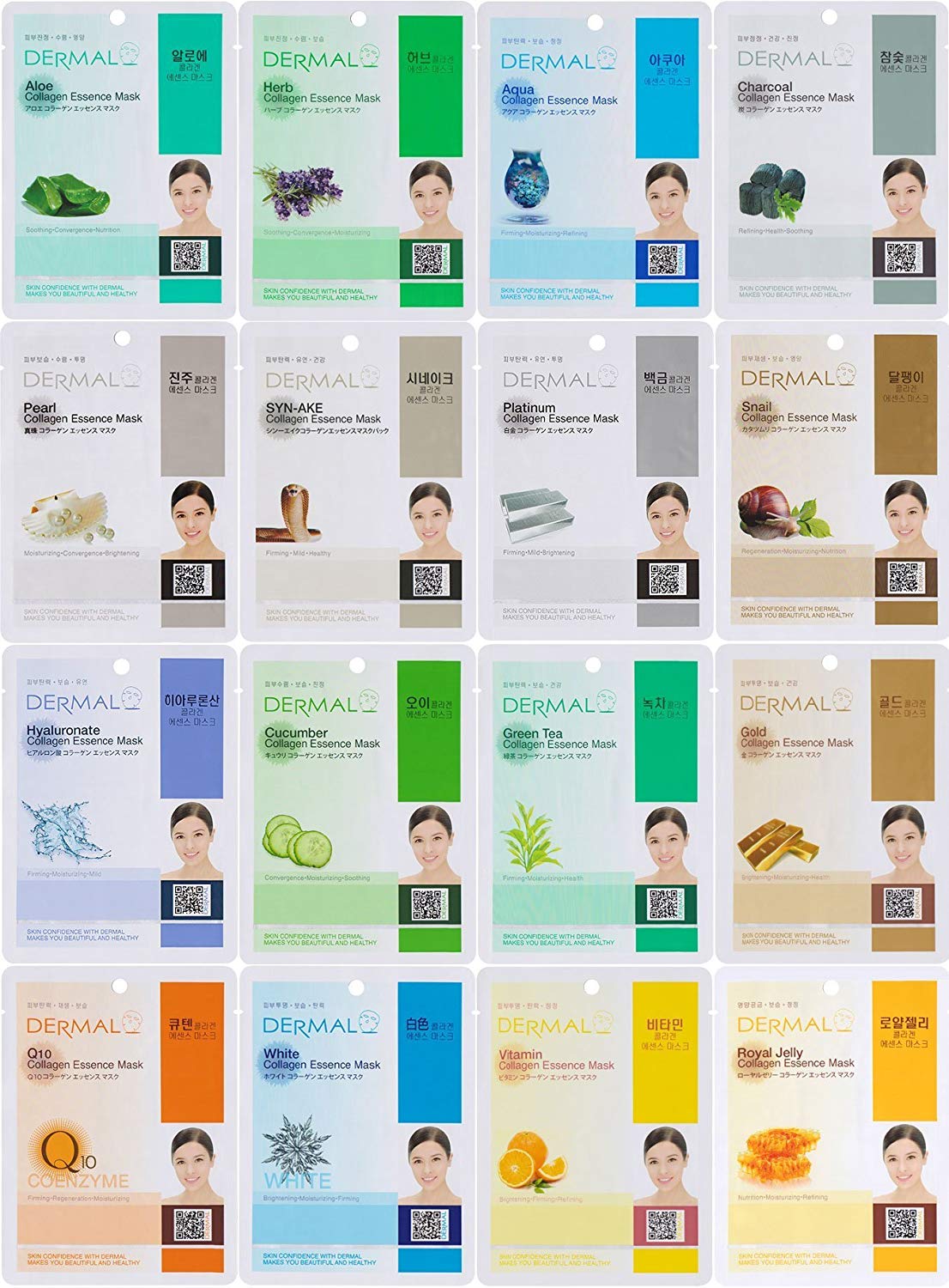 DERMAL Collagen Essence Full Face Facial Mask Sheet, 16 Combo Pack