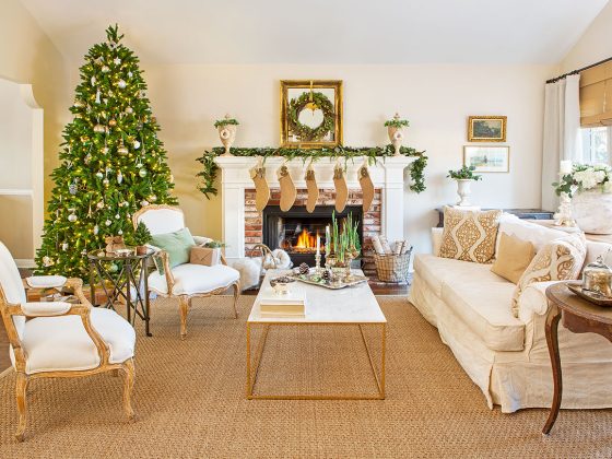 Neutral and natural Christmas decor give this living room a serene feeling