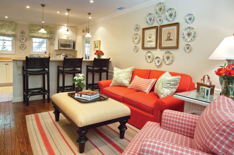 living coral sofa in a cottage living room