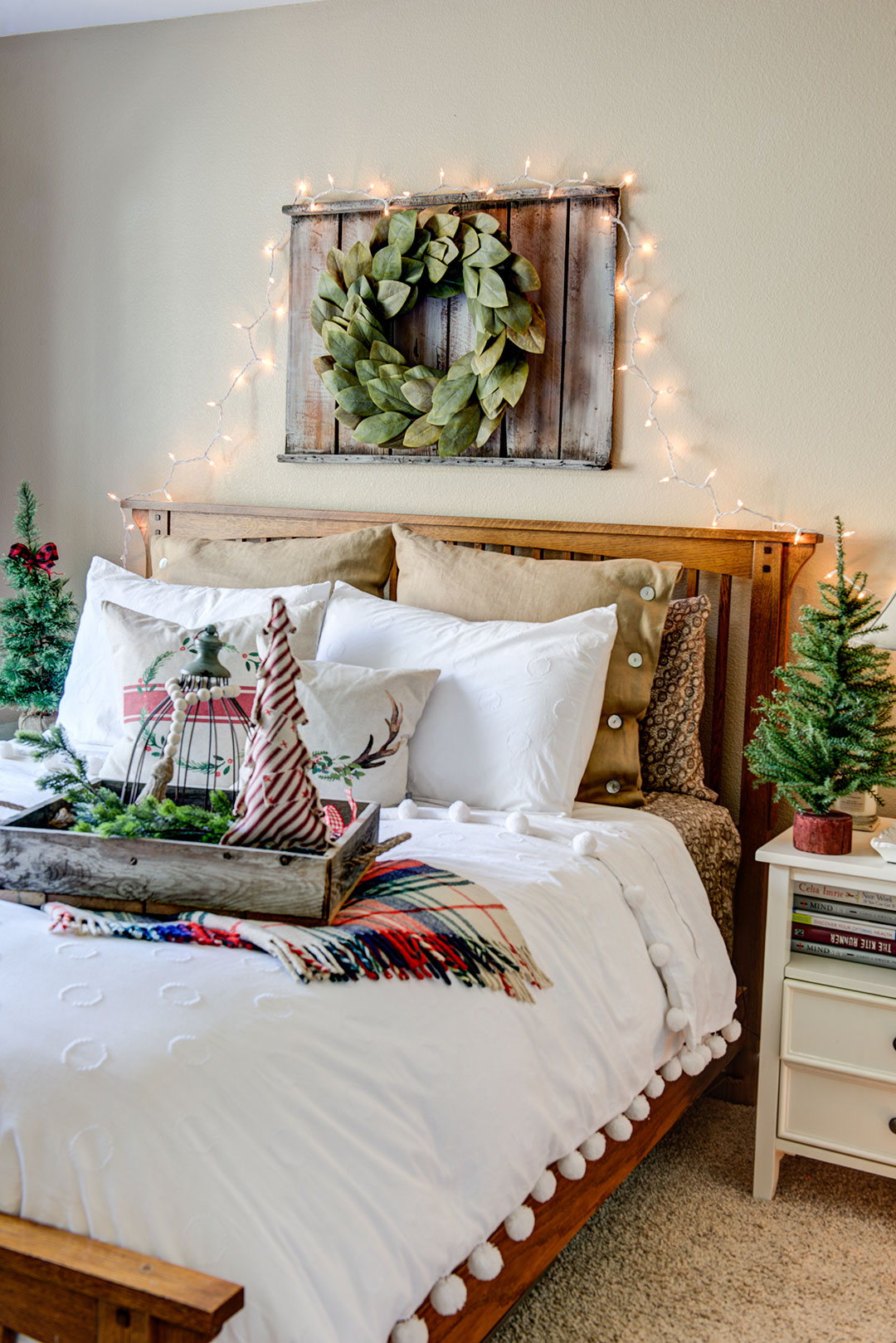 Guest bedroom decorated for Christmas overnight visitors