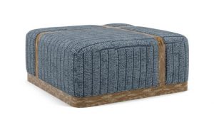 square upholstered ttoman with wood frame and bsiecting bar upholstered in denim blue striped chenille