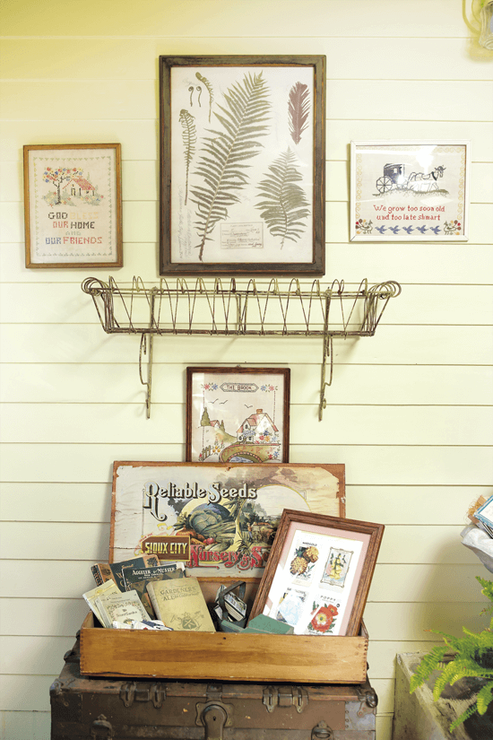 framed vintage seed packets on a shiplap wall