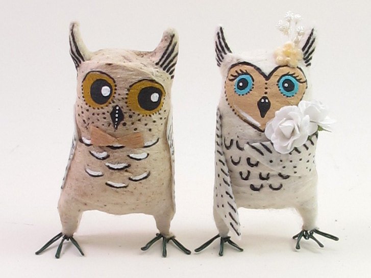 Vintage Inspired Spun Cotton Owl Couple for a Wedding Cake Topper or Ornaments. Read more about how this creator is reviving a lost Victorian Art! 