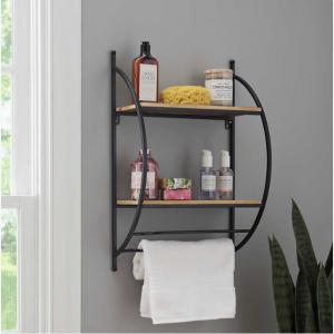 Wood and metal wall shelf with two shelves and a towel rack.