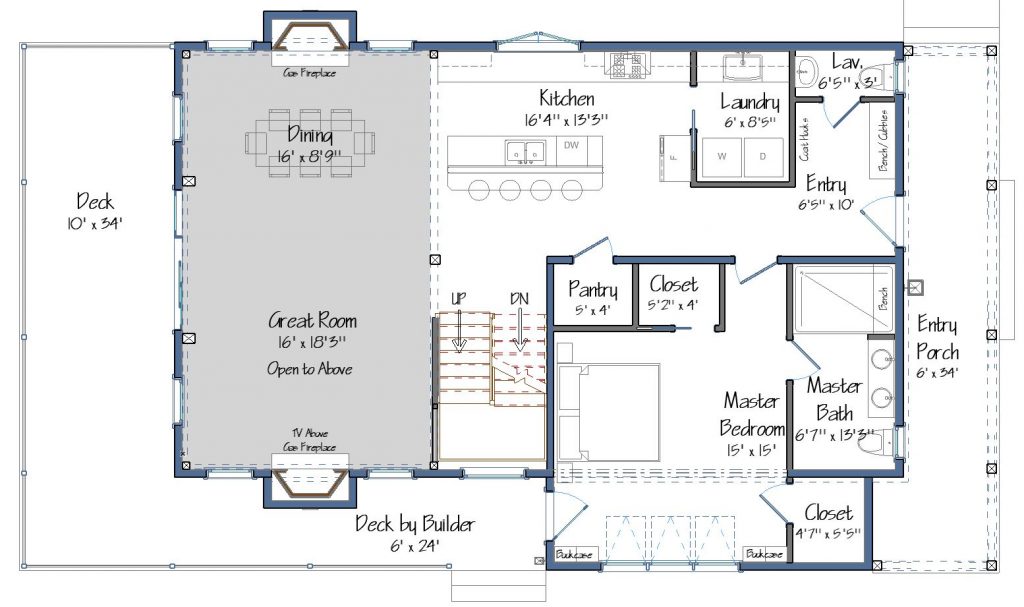 Farm Cottage home plan for the Project House 2019. The first floor will consist of the master bedroom, kitchen, laundry, a half bath and an open dining and great room. The great room will open out to a large deck that overlooks protected marshlands.