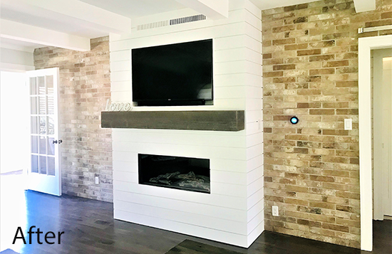 fireplace with shiplap surround