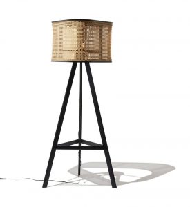 Floor lamp with metal base and square cane lampshade