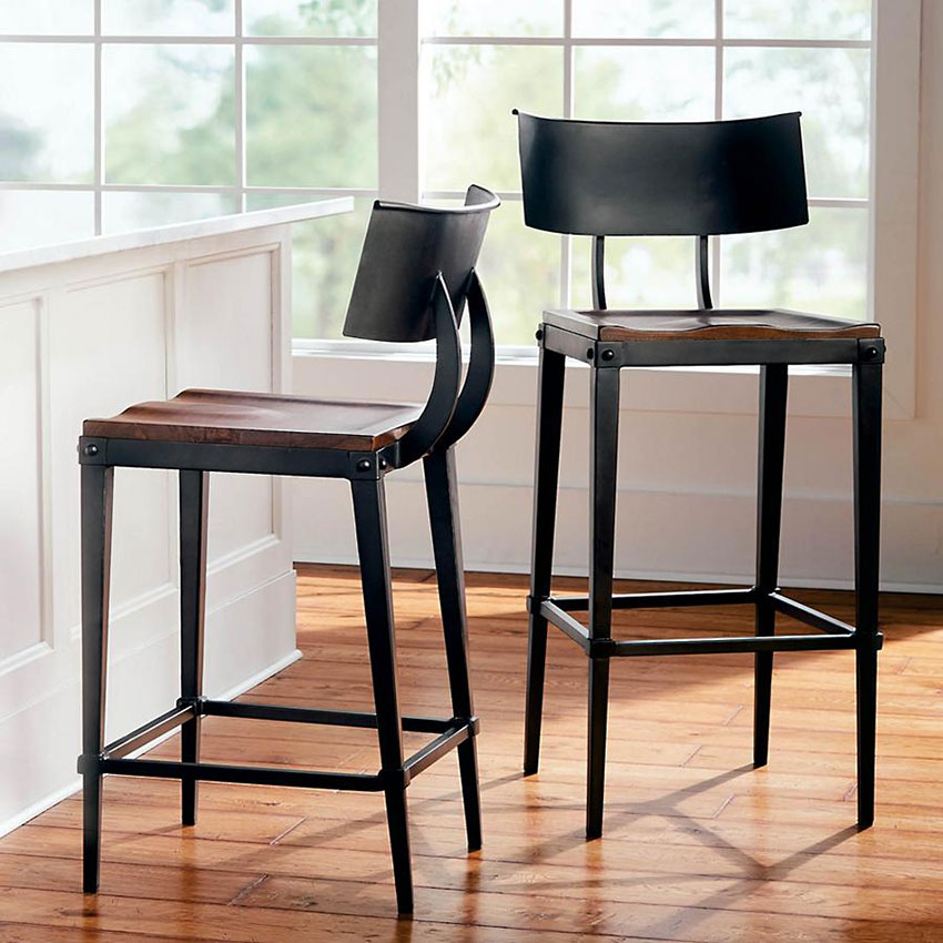 modern industrial bar stool with wood seat and black iron back and legs