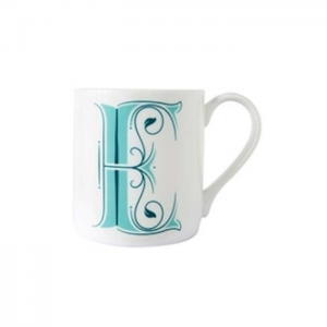 White mug with ornate, teal, monogram letter E