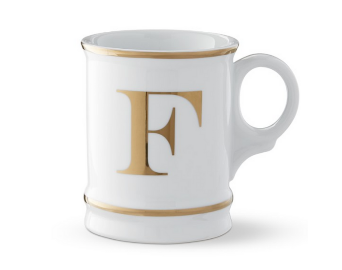 White Mug with gold rim and monogram letter F
