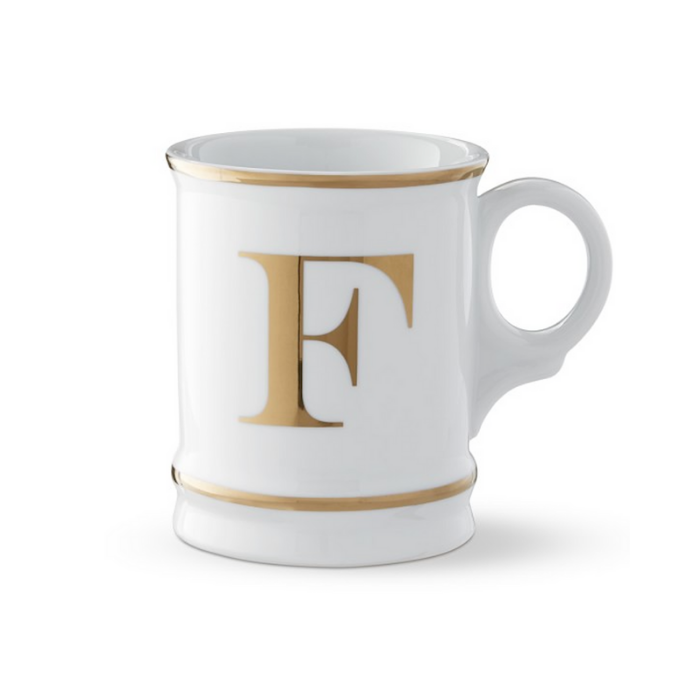 White Mug with gold rim and monogram letter F