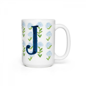 White Mug with Navy Blue Monogram Letter J and light blue flowers