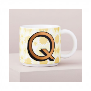 White and Yellow Decorative Mug with Monogram Letter Q