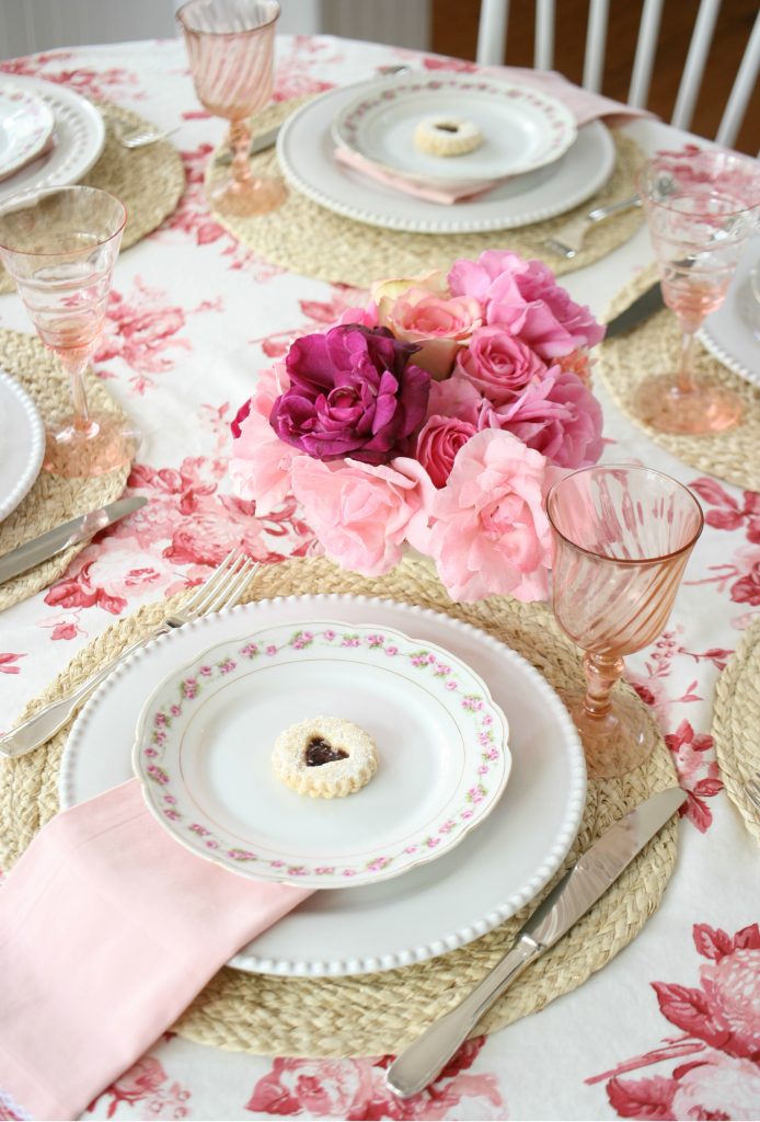 pink and red galentines tablescape