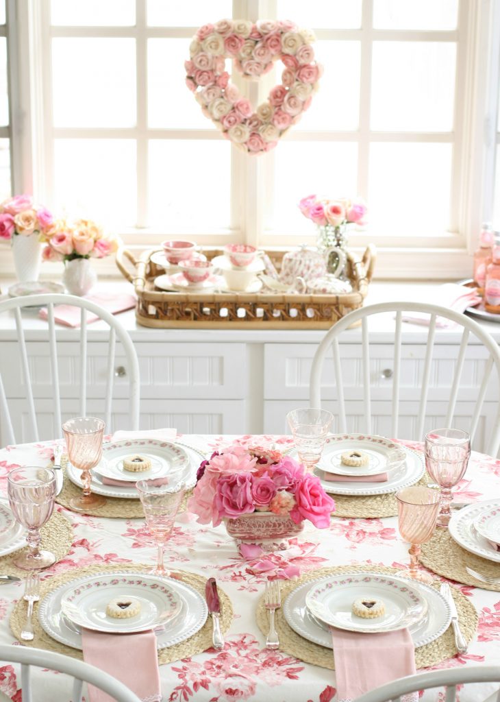 pink and red galentines tablescape