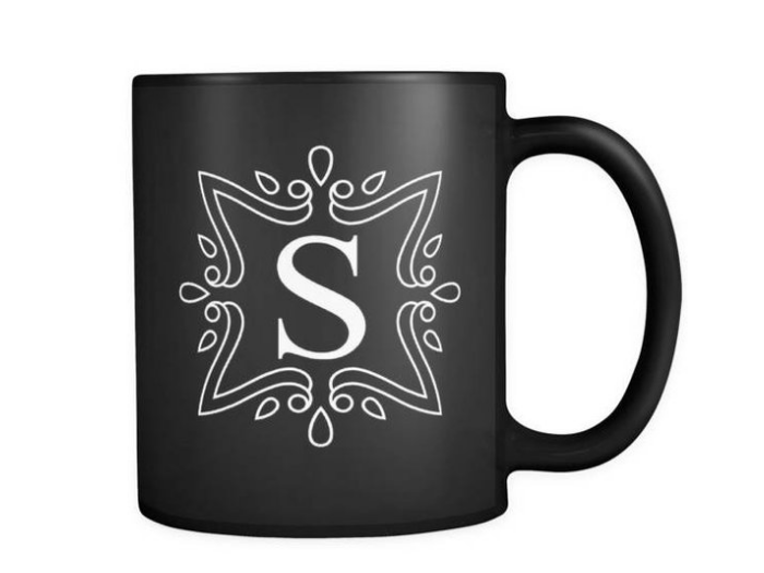 Black Mug with White Detail and Monogram Letter S