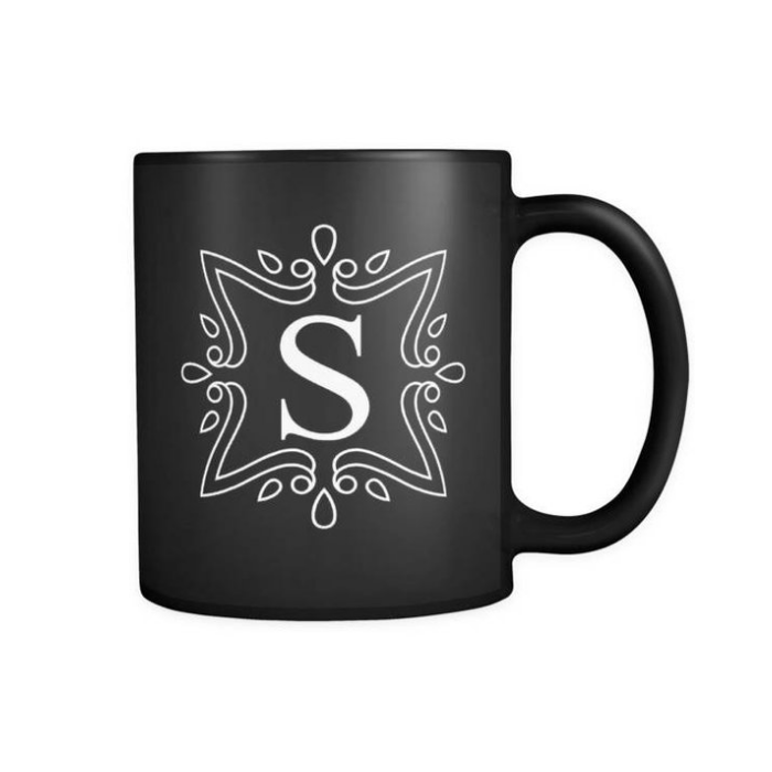 Black Mug with White Detail and Monogram Letter S