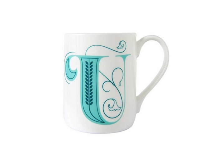 White Mug with Ornate Teal Letter U