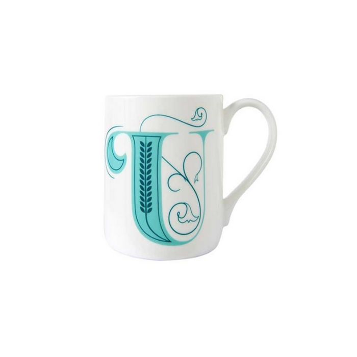 White Mug with Ornate Teal Letter U